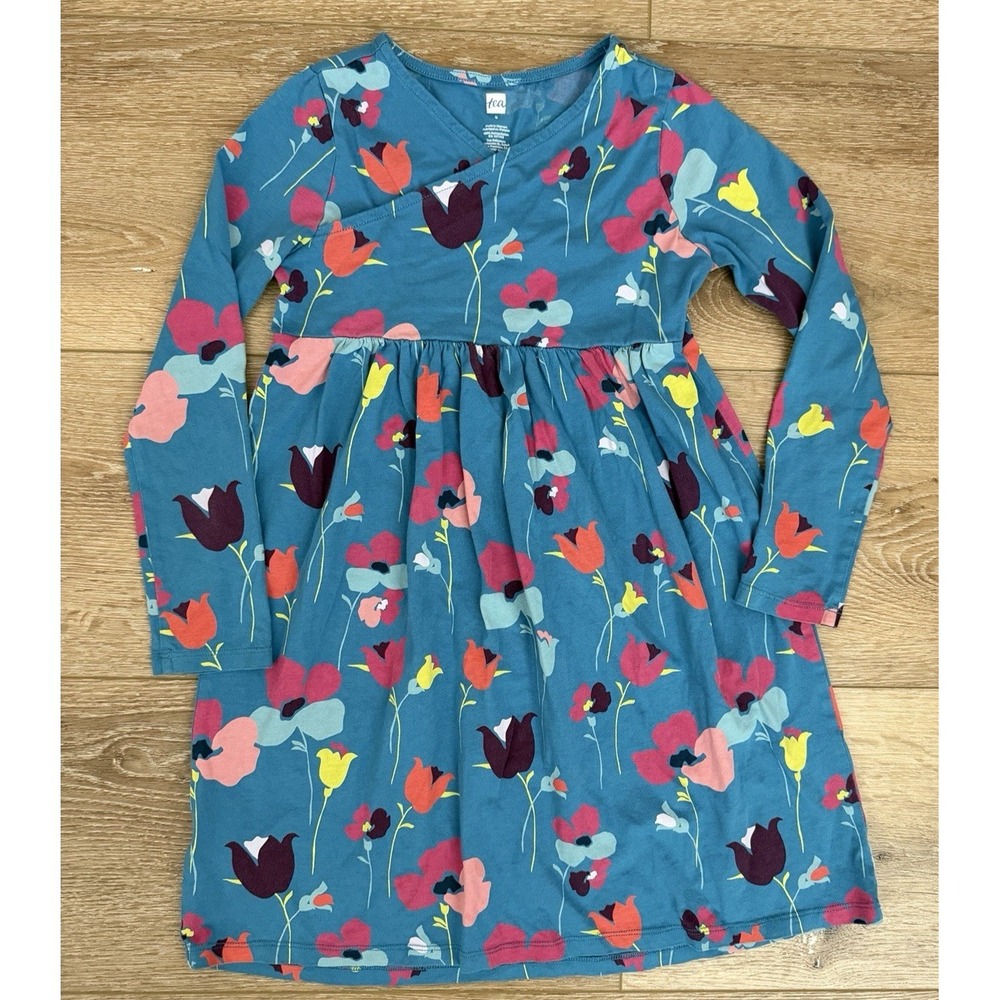 Tea Collection Girls Floral Dress 8 Long Sleeve‎ Twirl Wrap Neck Cotton